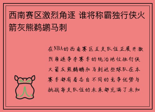 西南赛区激烈角逐 谁将称霸独行侠火箭灰熊鹈鹕马刺 西南赛区激烈角逐 谁将称霸独行侠火箭灰熊鹈鹕马刺